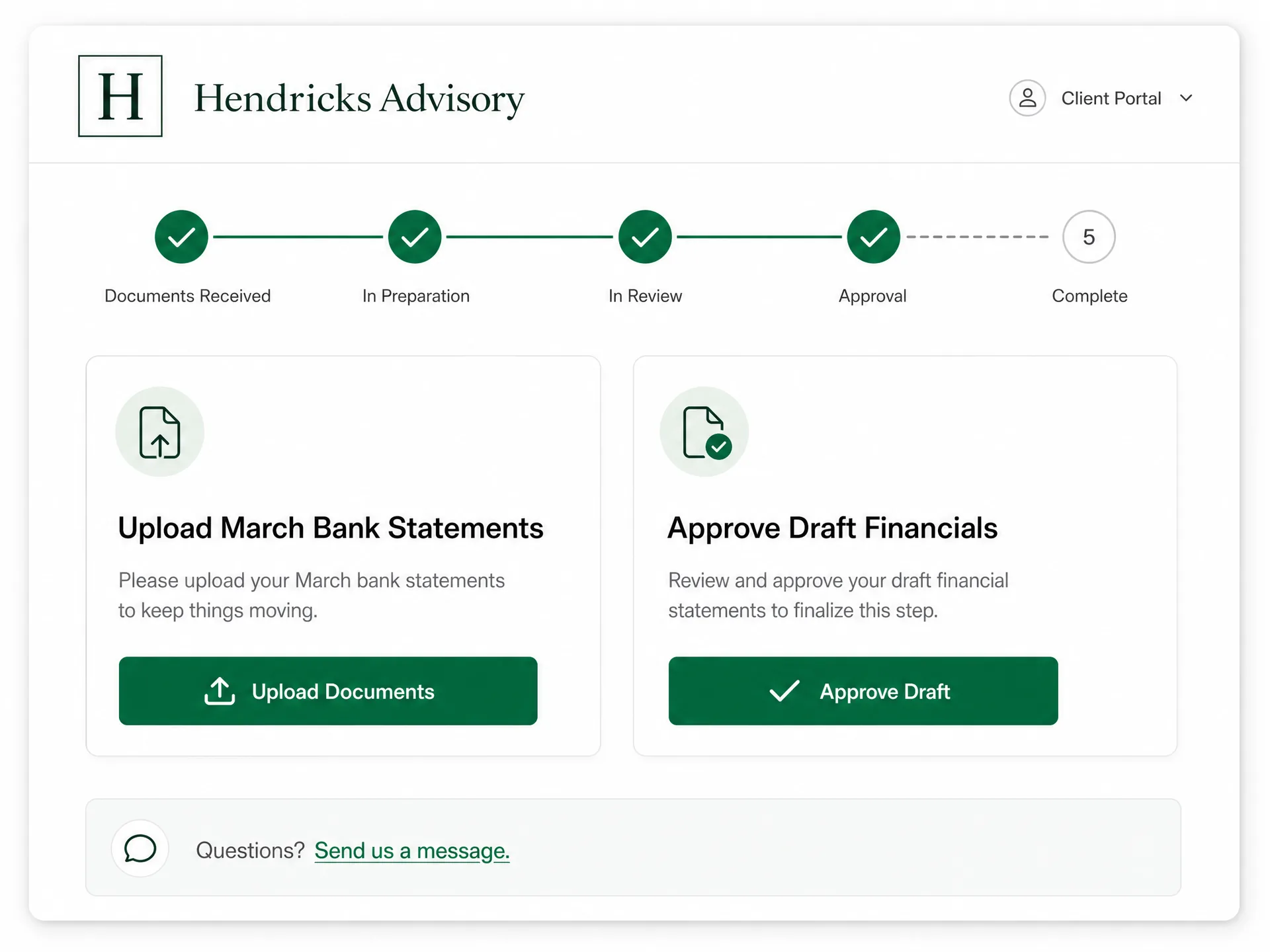 Branded client portal with progress tracker